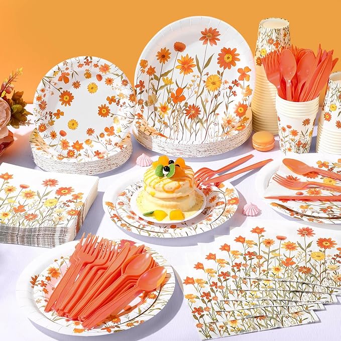 400 Pcs Fall Floral Disposable Paper Plates Napkins Cups Serve 50 Watercolor Wildflower Tableware Set for Autumn Thanksgiving Harvest Wedding Tea Party Decoration Bridal Shower Baby Shower