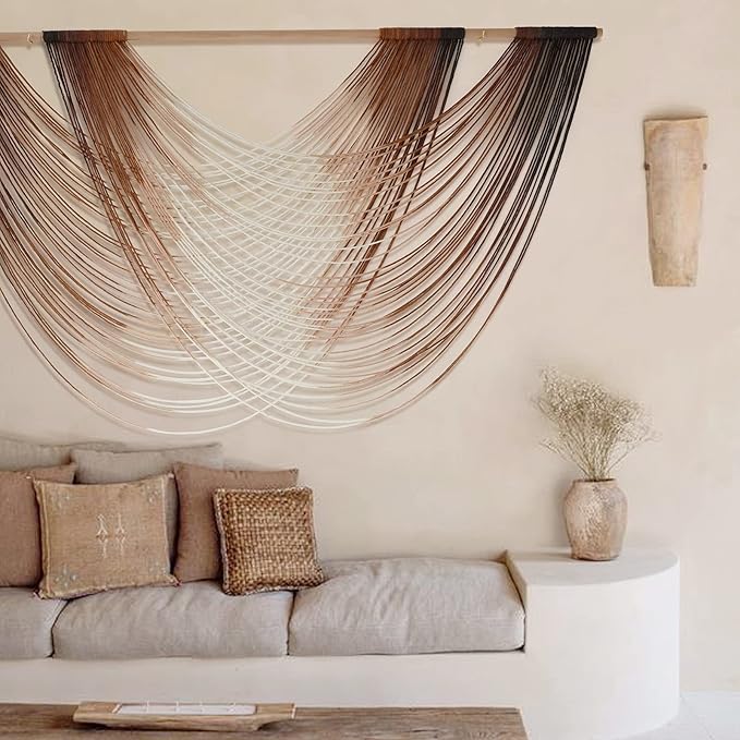 Flber Macrame Wall Hanging Dip Dye Brown Boho Wall Decor Yarn Tapestry Modern Living Room Bedroom Home Wall Decor 57" W x 35" L