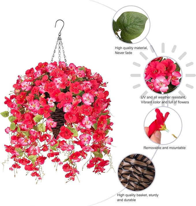 Ivydale Artificial Faux Hanging Flowers Plant Baskets for Outdoors Decoration, Fake Hibiscus UV Resistance Realistic Silk Flower for Outside Home Patio Porch Balcony Garden Wedding, Mix