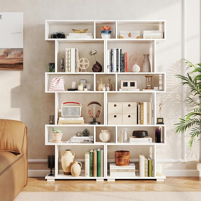 Tangkula 6-Tier S-Shaped Bookshelf, 64" Freestanding Geometric Bookcase, Home Office Wood Storage Shelf with Anti-Toppling Device, Room Divider Display Rack for Study, Living Room (2, White)