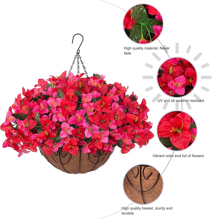 Artificial Fake Hanging Flower Plants Basket for Outdoors Decoration, Faux Silk Bougainvillea Flowers in Planter Look Real UV Resistant Faux Flower for Outside Porch Patio Garden Home Decor