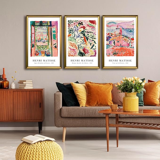 Wieco Art Framed Wall Art 3 Piece Henri Mattise Art Abstract Colorful Matisse Posters Canvas Prints for Wall and Home Office Decorations Bronze Gold Frame