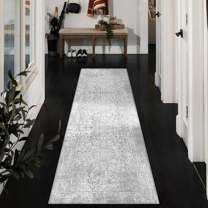 vivorug Runner Rug 2x10 Machine Washable Rug with Non-Slip Backing, Ideal for Kitchen Hallway Entryway Laundry Room - Vintage, Durable, Easy Clean, Low Pile Carpet Runner, Ivory/Silver