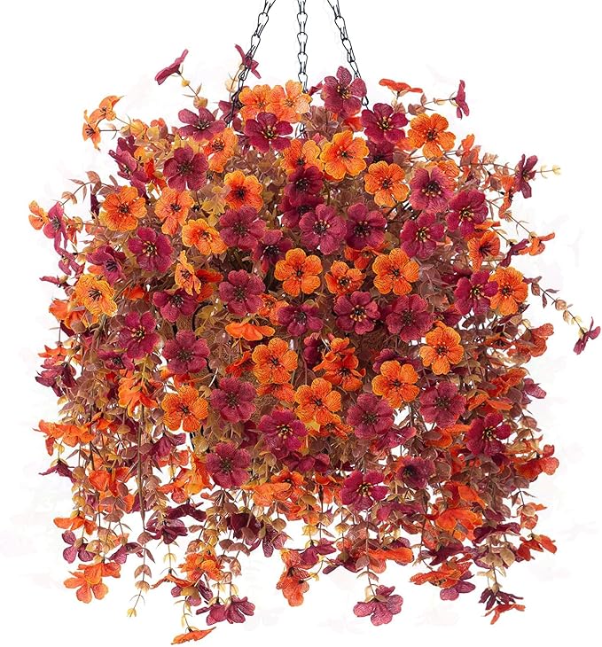 Artificial Fake Hanging Flowers Plants with Basket for Fall Outdoor Decor, Faux Silk Daisy Flowers in Planter Boxwood No Fade Fake Mums Flower for Farmhouse Home Garden Autumn Plants(Orange Brown)