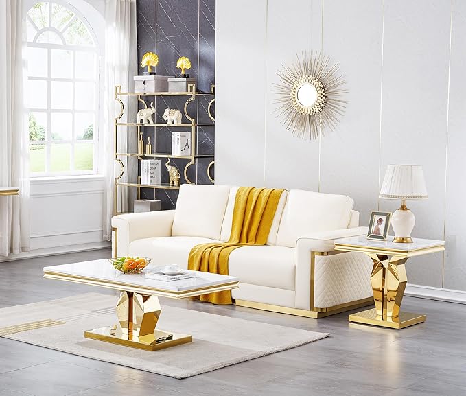 SSLine Modern White Faux Marble End Table Luxury Square Sofa Side Table with Gold Pedestal Base Mid-Century Elegant Bedside Table w/Mirrored Stainless Steel Frame for Living Room Bedroom