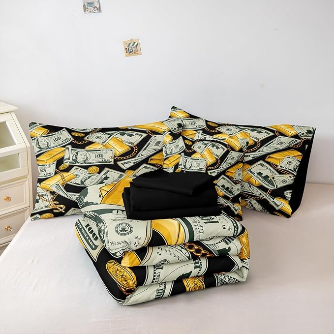 Bedorm Dollar Comforter Sets Black Gold Bedding Queen Size Bed in A Bag Money Gold Bar Pattern Rich Bedding Comforter Sets American Vintage Bed Sets