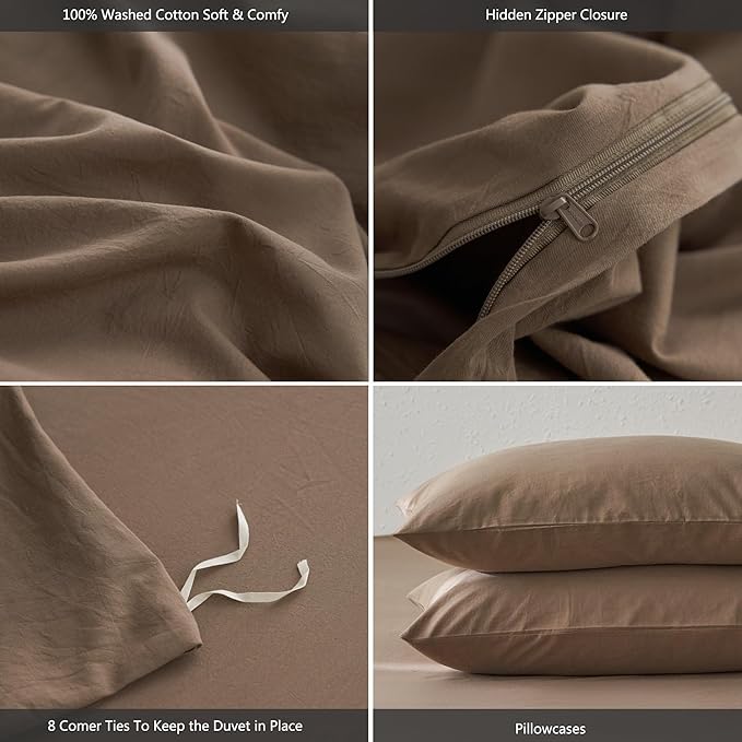 MooMee Super Queen Duvet Cover Set, 100% Washed Cotton Linen Like Twill Thick Sturdy Material Super Soft Breathable Durable Bedding for All Season, 3 Pieces (Bombay Brown, Super Queen 90"x98")