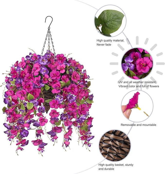 Ivydale Artificial Hanging Flowers Plants Basket for Outdoors Summer Decoration, Fake Hibiscus Vines UV Resistance Realistic Silk Flowers for Outside Home Patio Porch Balcony Garden Yard Wedding, Mix