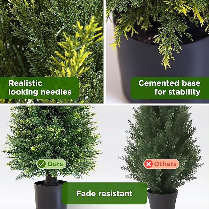 Set of 2 Artificial Cedar Topiary Trees, 3 FT Tall | UV-Resistant for Outdoor & Indoor Use | Lifelike Fake Plants for Front Porch, Patio & Office Decor