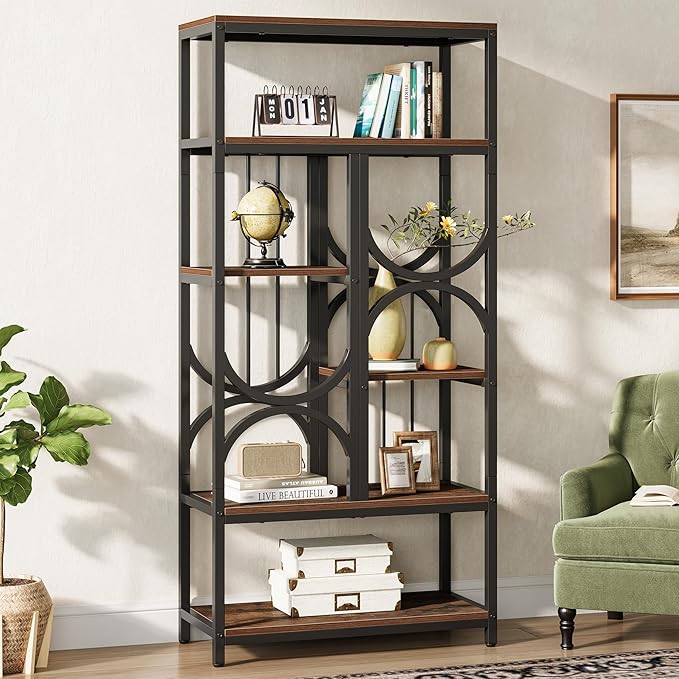 Tribesigns Bookshelf, 5-Tier Industrial Etagere Bookcase, 70.86-Inch Tall Bookshelves with 6 Open Storage Shelf, Display Shelf Storage Organizer for Living Room Home Office, Rustic Brown