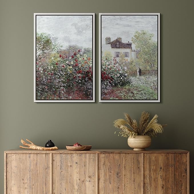 MUDECOR Framed Canvas Print Wall Art Blooming Garden and Cottage Romantic Floral Landscape Nature Wilderness Illustrations Realism Decorative Scenic for Living Room, Bedroom, Office - 24"x36"x2 White