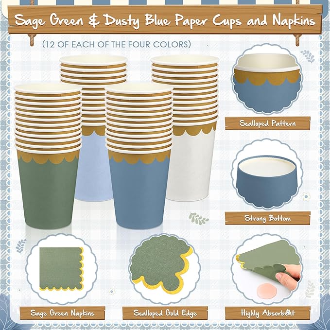 338 Pcs Blue and Sage Green Plates and Napkins Party Supplies for Guests Dusty Blue Tableware Include Scalloped Plates Paper Napkin Cup Spoon Fork Knife for Baby Shower, Wedding, Birthday