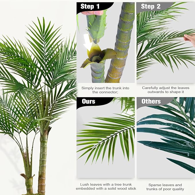 Artificial Palm Tree 5FT - Vitalismo Fake Plants with White Tall Planter, Faux Tropical Golden Cane Palm Tree with Two Trunks and 18 Realistic Palm Leaves, Indoor Floor Plants for Home Office Decor