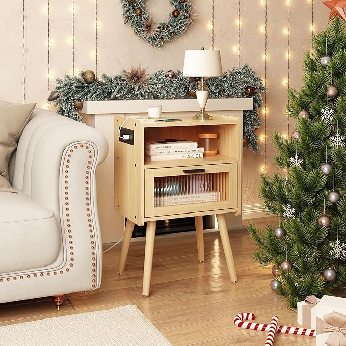 Mid Century Modern Nightstand with Charging Station, Bedside Tables with Glass Drawer, End Table Side Table with 2 Tiers Storage Space, for Bedroom, Living Room, Natural