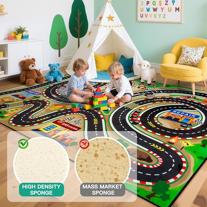 Kids Rug, Race Track Baby Play Mats, 5' x 7' FT Kids Rug for Playroom,Extra Thick (0.4in) Realistic 3D Cascading Surround Route, Great for Playing with Cars and Toys, Non-Slip Car Carpet