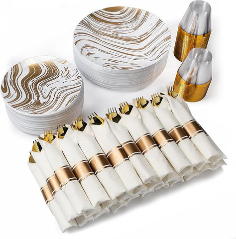 MONEST 350Pcs Gold Plastic Silverware Set for 50 Guests, Disposable Dinnerware Set includes: 50 Pre Rolled Napkins with Utensils, 50 Dinner Plates, 50 Dessert Plates, 50 Cups (Gold Wave)
