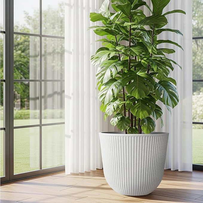 WORTH Garden Round Large Planter Pot 1-Pack - 17.5" Dia x 15.5" H - Durable Plastic White Plant Tree Pots with Vertical Stripe Textured Finish, Drainage Hole for Indoor, Outdoor, Front Porch, Patio