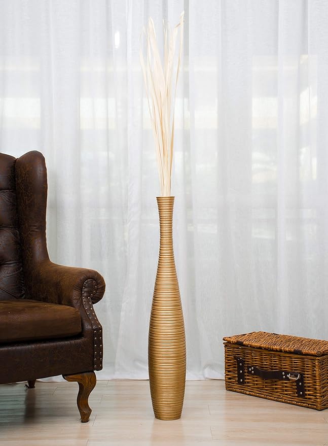 Leewadee Large Gold Home Decor Floor Vase – Wooden 34 inches Tall Farmhouse Decor Flower Holder for Fake Plant and Pampas Grass