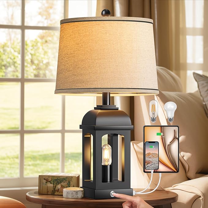 QiMH Table Lamp for Living Room, Farmhouse Lamps with USB A+C and Nightlight, 26" Rustic Bedside Lamps with 3-Way Dimmable Touch Control, Nightstand Lamp for Bedroom, Black, 1 Pack