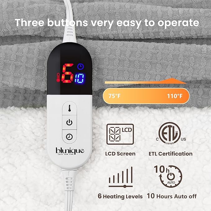 Heated Blanket Electric Blanket Twin Waffle, 62x84 Inches Sherpa Fleece Fast Heating Blanket 6 Heating Levels & 10 Hours Auto Off ETL Certification,Light Grey Twin