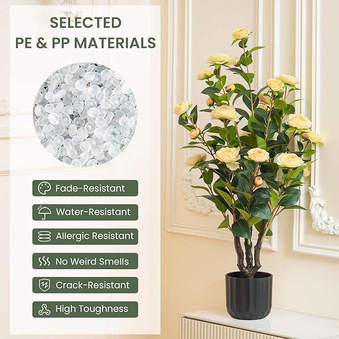 3.2FT Artificial Camellia Trees, Yellow Silk Flowers, Indoor Faux Plants with Realistic Trunk in Black Cement Pot for Home House Living Room Bedroom Office Decor, 2pcs