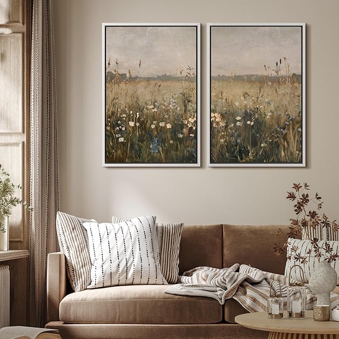 MUDECOR Framed Canvas Print Wall Art Set Golden Meadow Wildflowers Rustic Floral Field Landscape Illustrations Modern Art Decorative Bohemian Zen for Living Room, Bedroom, Office - 16"x24"x2 White