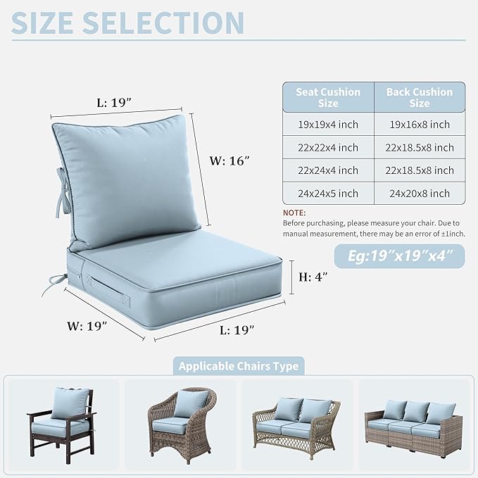 Premium Outdoor Seat Cushion Chair Cushions for Patio Furniture 19 L X 19 W X 4 H Waterproof & Fade Resistant Deep Seat and Backrest Cushion Set with Removable Covers for Chair, Sofa