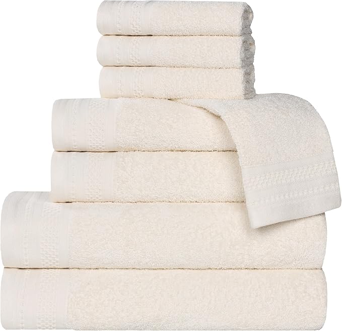 Superior Honeycomb Cotton Medium Weight Towels, for Guest Bath, Master Bathroom, Shower, Quick Dry, Adults, Home Essentials, Textured Waffle Border, Assorted Towel Set, 8 Piece Towel Set, Ivory