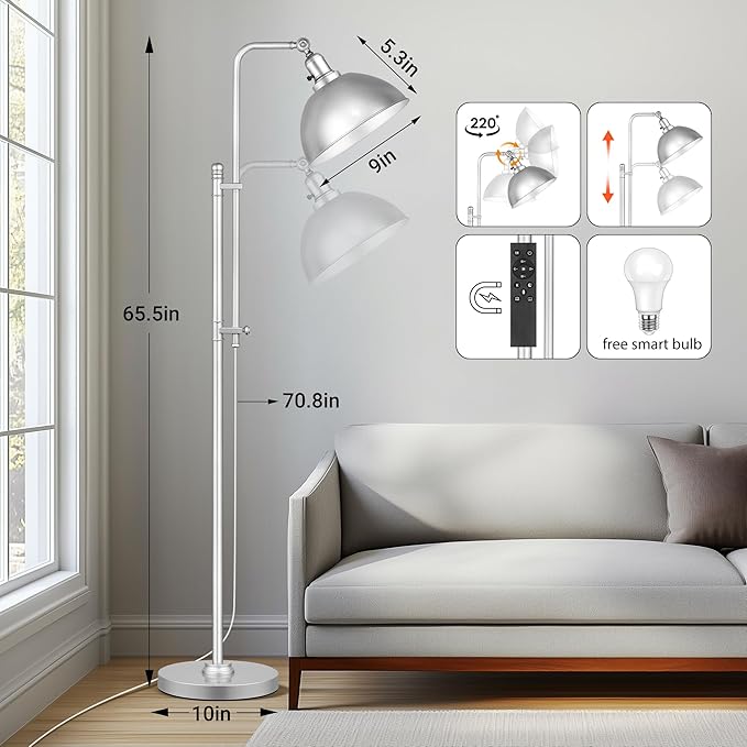 PARTPHONER Industrial Floor Lamp Adjustable, Farmhouse Reading Lamp in Silver Finish Modern Standing Lamp with Remote Control Metal Shade for Living Room Bedroom Study Room Office Hotel