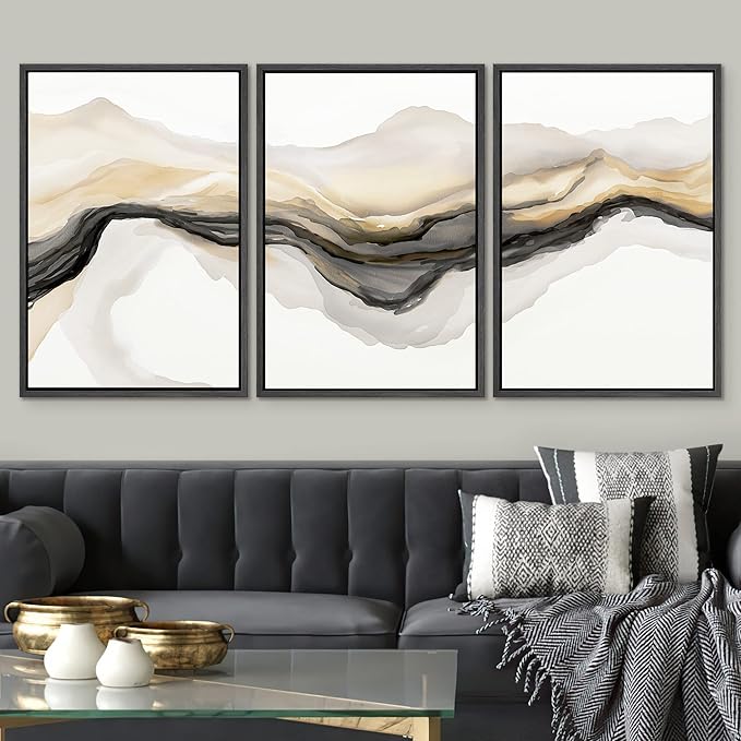 SIGNWIN Framed Canvas Print Wall Art Set Gold Gray Smoke Wave Landscape Abstract Shapes Illustrations Modern Art Decorative Contemporary Colorful for Living Room, Bedroom, Office - 16"x24"x3 Black