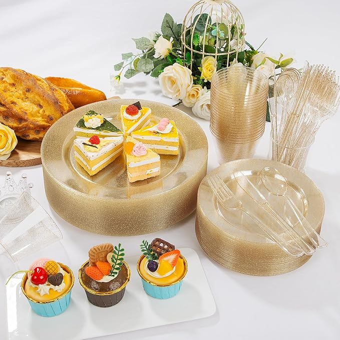 150 PCS Gold Glitter Disposable Dinnerware Set for 25 Guests, Plastic Plates for Party, Including 25 Dinner Plates, 25 Salad Plates, 25 Cups, 25 Forks Knives Spoons for Wedding and Party Supplies