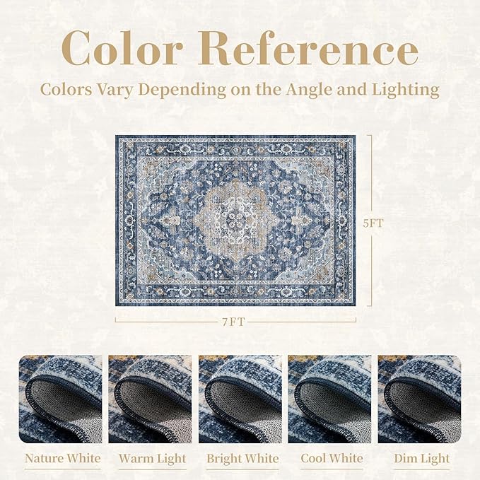 PADOOR-Vintage Area Rug 5X7 Rugs for Living Room-Soft Blue Rugs for Bedroom-Machine Washable Rugs Non Slip Carpet-Rug for Dining Room Living Room Bedside Office