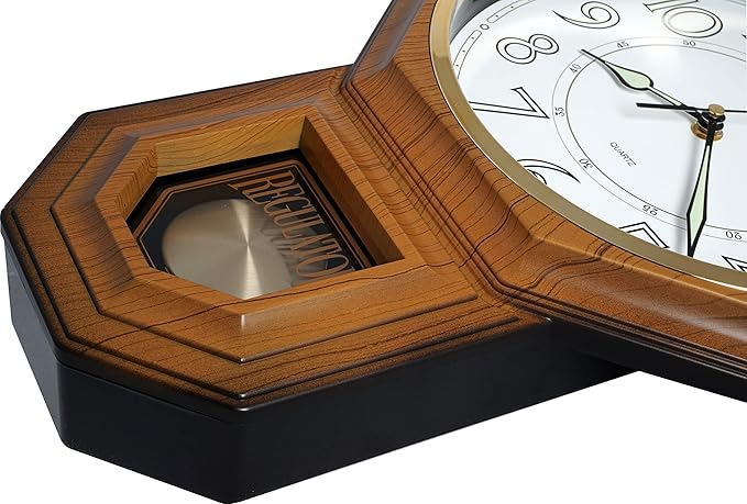 JUSTIME Traditional Schoolhouse Luminious Arabic Regulator Wall Clock, Chiming Wall Clocks with Pendulum & Westminster Chime Hourly, Schoolhouse Wall Decor Battery Operated (Light Wood Grain)