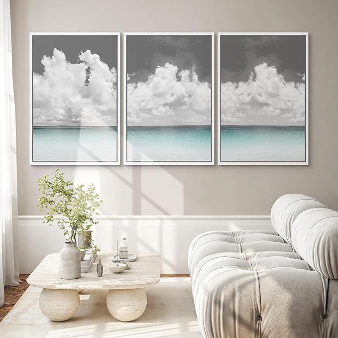 SIGNWIN 3 Piece Framed Canvas Wall Art Clouds Above The Blue Ocean Nature Wilderness Illustrations Abstract Traditional Relax/Calm Home Artwork Decoration for Living Room,Bedroom - 16"x24"x3 White