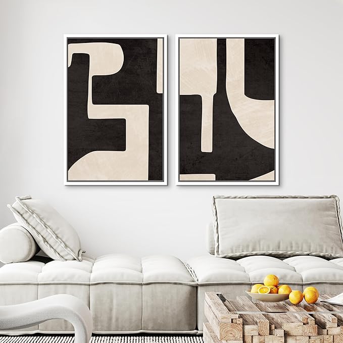 MUDECOR Framed Canvas Print Wall Art Black & White Geometric Paint Stroke Decor Abstract Nature Illustration Modern Art Decorative Multicolor Geometric Minimal for Bedroom - 24"x36"x2 White