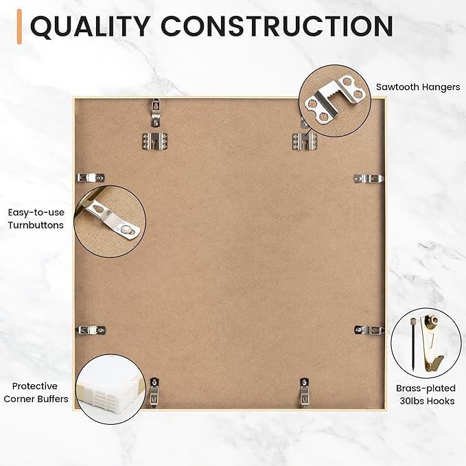 20x20 inch Metal Picture Frame - Thin Aluminum Square Photo Frames with 16x16 Removable Mat - High Definition Plexiglass - Vertical and Horizontal Display - Wall Hook Hanging Hardware Included - Gold, Set of 4