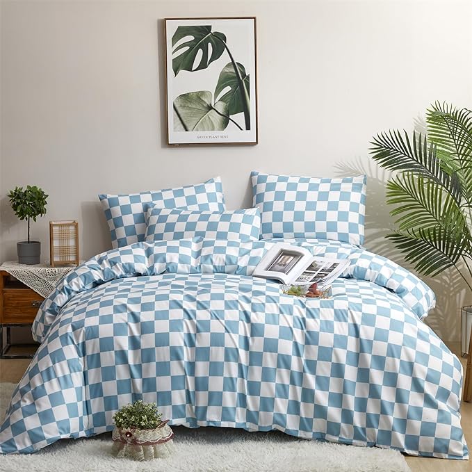 Pureant Blue and White Plaid Comforter Set King Blue Checkerboard Grid Bedding Comforter Sets Blue Buffalo Grid King Comforter for Women Men Soft Checkered Geomertic King Size Comforter Sets