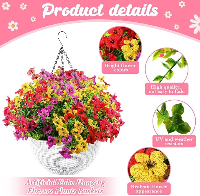 Lyrow 2 Pcs Artificial Hanging Flowers with Fake Basket Outdoor Realistic Hanging Plants with 12 Inch Coconut Lining Basket for Patio Lawn Garden Porch Decor(Bright)