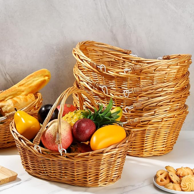 Wesiti 6 Pcs Wicker Picnic Basket with Handle, Hand Woven Harvest Basket Bulk, Wicker Flower Hoppet for Storage, Picnics, Easter, Organizing, Egg Gathering, Candy, Wedding(Light Brown)