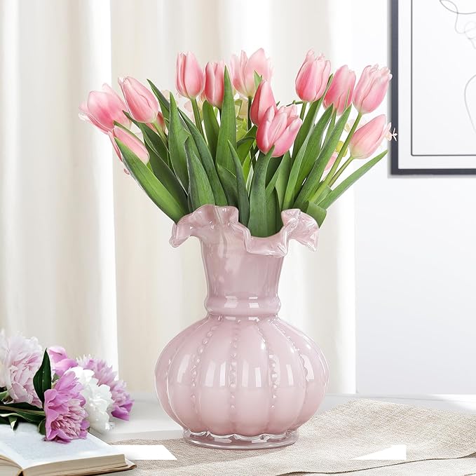 Joeyan Handmade Pink Glass Flower Vase,7.9" Vintage Decorative Urn Vase for Centrepieces Bouquet Wedding,Colored Thickened Pedestal Decorations for Rustic Home Living Room Office Farmhouse