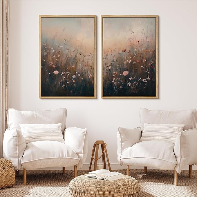 MUDECOR Framed Canvas Print Wall Art Forest and Lake Landscape Vintage Nature Scenery Illustrations Modern Art Decorative Bohemian Chic for Living Room, Bedroom, Office - 24"x36"x2 Natural