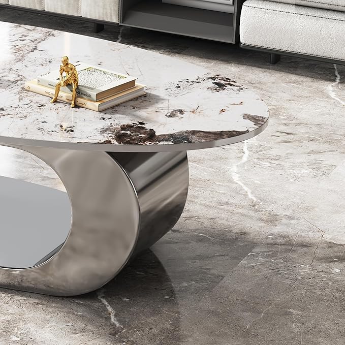 Modern Oval Marble Coffee Table, 51.2" Rectangle Coffee Table with Sintered Stone Top & Gray Geometric Stainless Steel Base, Rectangle Tea Center Tables for Living Room
