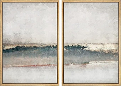 MUDECOR Framed Canvas Print Wall Art Set Watercolor Pastel Gray Teal Landscape Abstract Shapes Illustrations Modern Art Decorative Contemporary for Living Room, Bedroom, Office - 24"x36"x2 Natural