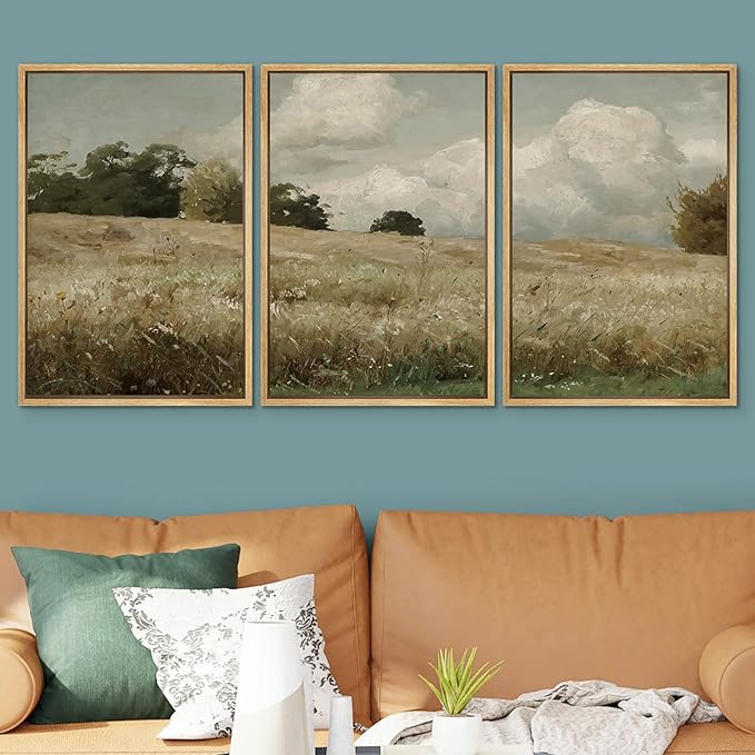 SIGNWIN Framed Canvas Print Wall Art Woodland Nursery Decor Set Watercolor Country Field Landscape Pasture Nature Abstract Fine Art Nordic for Living Room, Bedroom, Office - 24"x36"x3 Natural