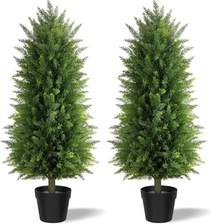 3FT Artificial Cedar Topiary Trees (2 Pack) - UV Resistant Fake Evergreen Shrubs with Extra Dense Foliage, Realistic Potted Faux Plants for Front Porch & Garden Decor