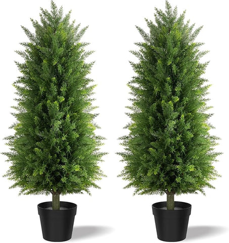 3FT Artificial Cedar Topiary Trees (2 Pack) - UV Resistant Fake Evergreen Shrubs with Extra Dense Foliage, Realistic Potted Faux Plants for Front Porch & Garden Decor