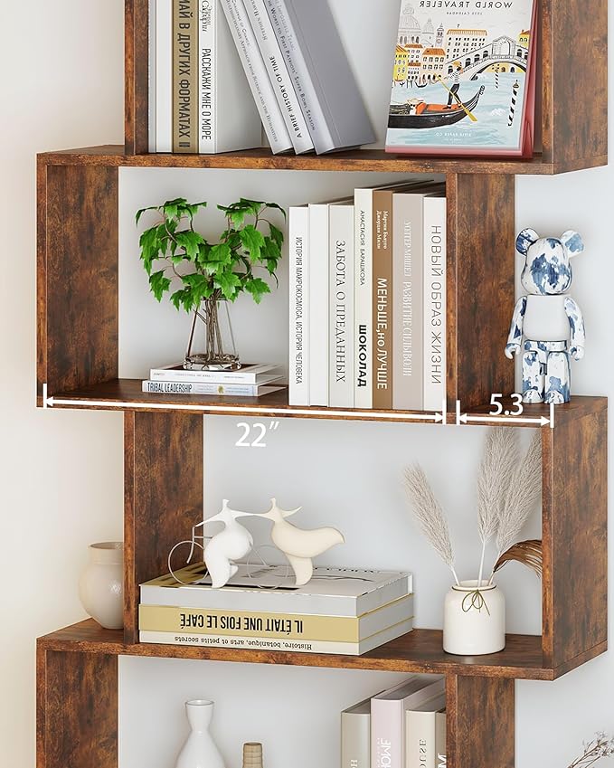 Yusong Geometric Bookcase, Bookshelf 6-Tier S Shaped Book Shelves for Bedroom, Modern Wood Decorative Display Shelf Tall Book Case for Home Office, Rustic Brown