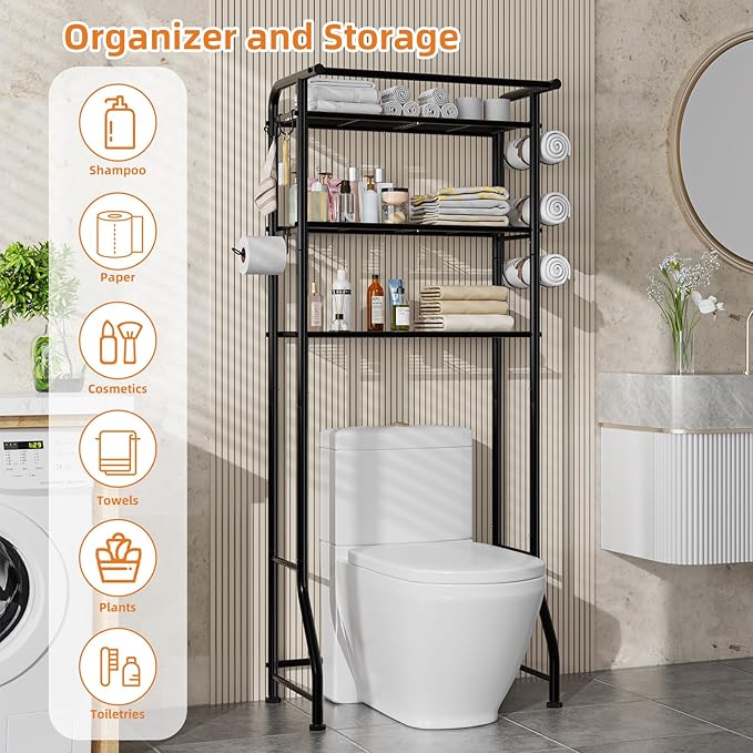 Simple Trending 3 Tier Over The Toilet Rack, Shelf Bathroom, Bathroom Stand Organizer Space Saver, Black