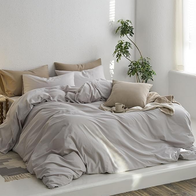 MooMee Twin Duvet Cover Set, 100% Washed Cotton Linen Like Twill Thick Sturdy Material Super Soft Breathable Durable Bedding for All Season, 2 Pieces (Light Gray, Twin 68"x90")