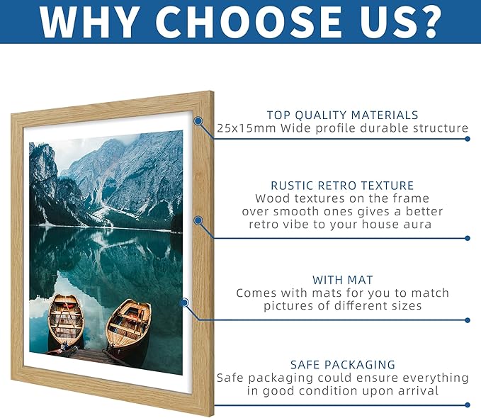 12x16 Picture Frame Set of 2, Natural Oak Wood Style - Display 12 x 16 Poster without Mat or 11x14 Picture with Mat, Wall Mounting Horizontal and Vertical
